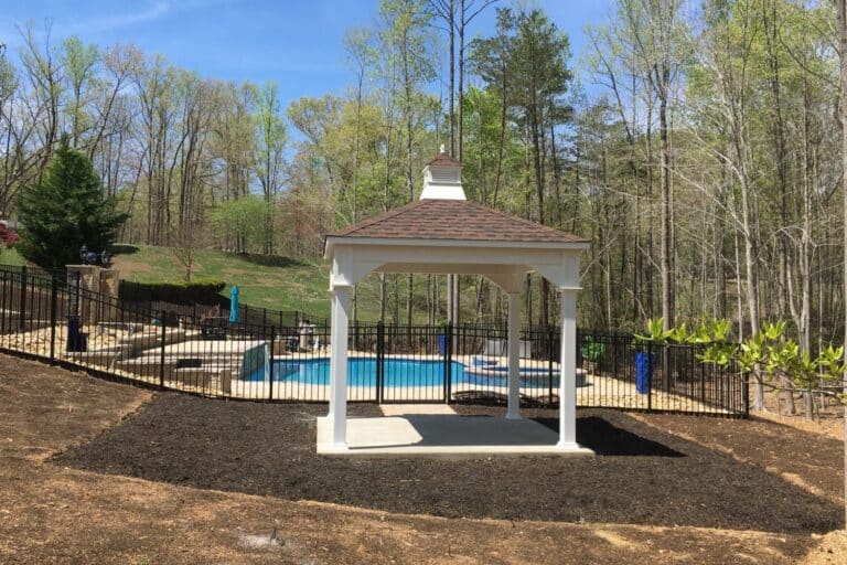 Projects 15 10x10 Shoreline Vinyl Pavilion by the pool with white vinyl cupola