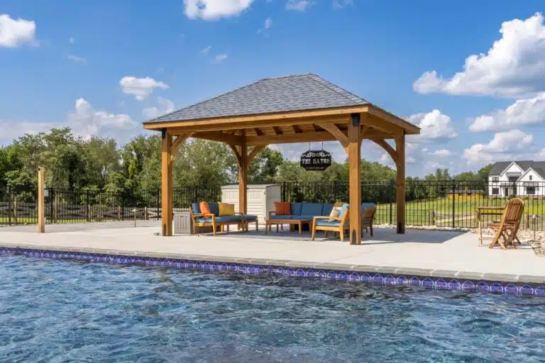 View of 12x16 Cheyenne wooden pavilion across from pool