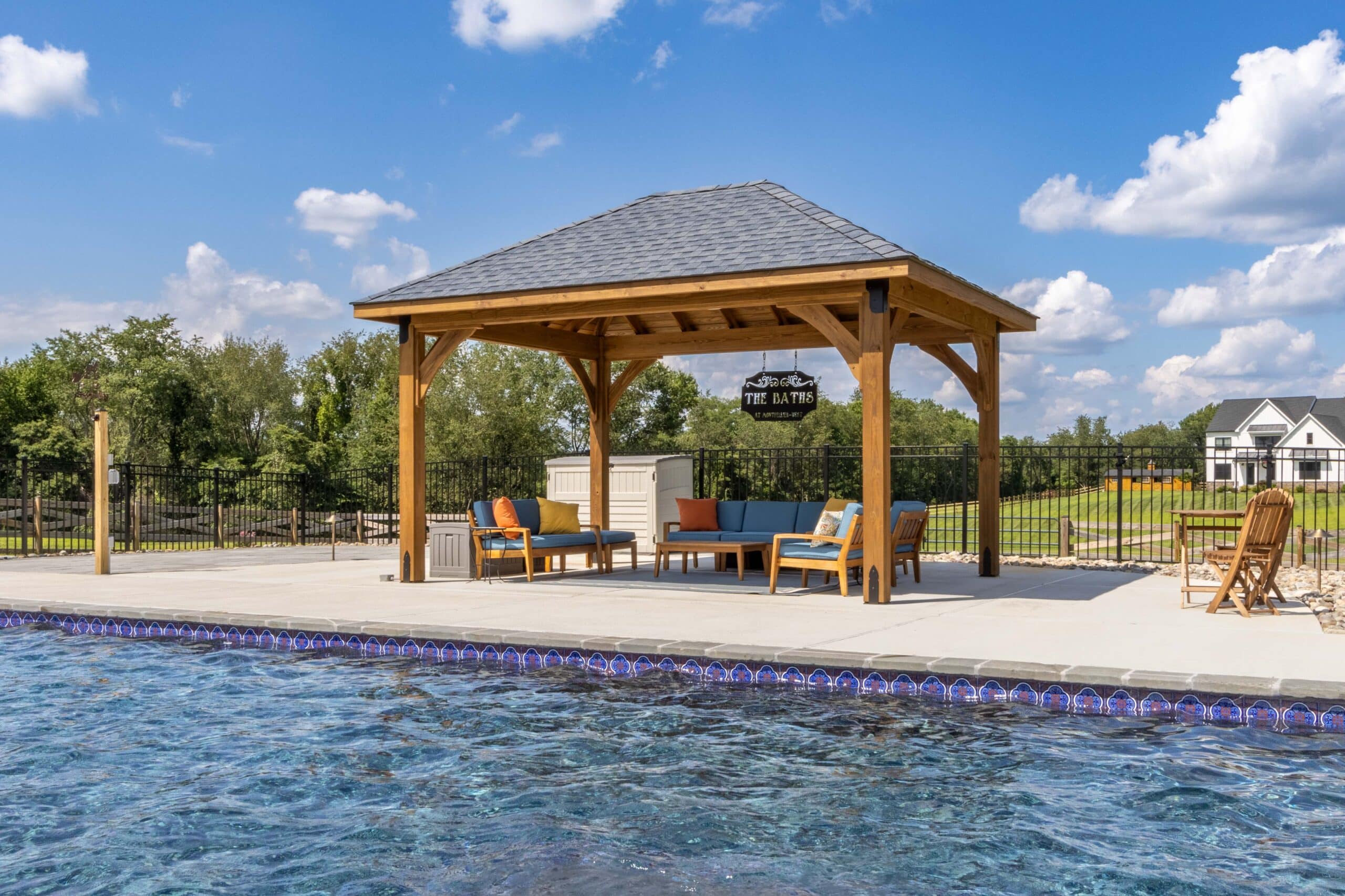 12x16 Cheyenne Wood Pavilion 1 View of 12x16 Cheyenne wooden pavilion across from pool