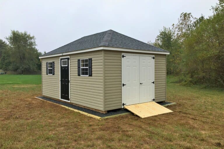 Projects 4 12x20 Vinyl Cabana Shed in backyard with ramp