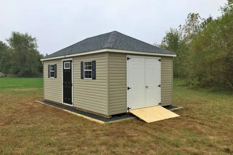 12x20 Vinyl Cabana Shed in backyard with ramp
