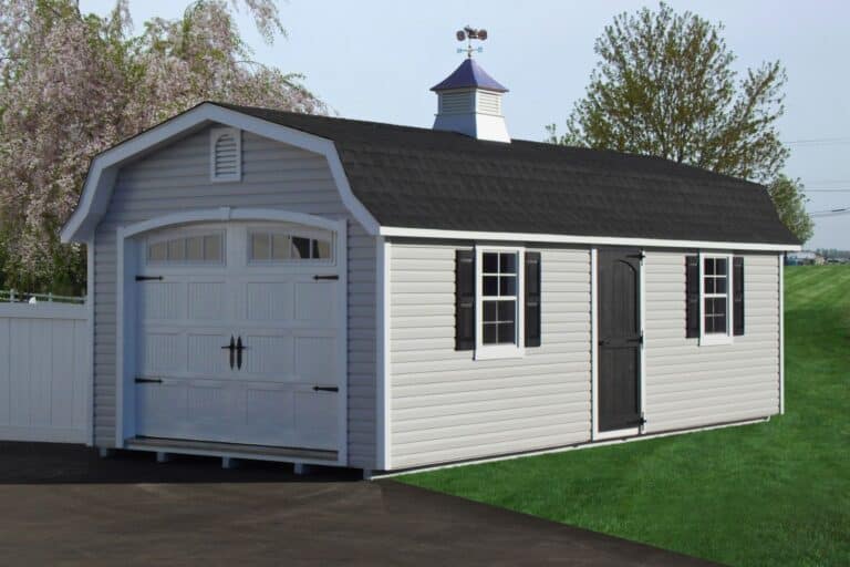 Projects 2 12x26 Vinyl Designer High Barn garage shed in a backyard in front of white fence