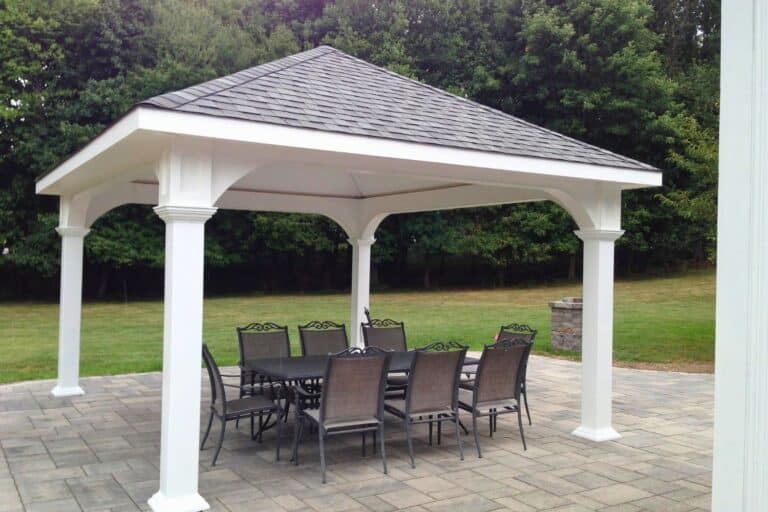 Projects 17 White Vinyl Montford Pavilion over outdoor dining area