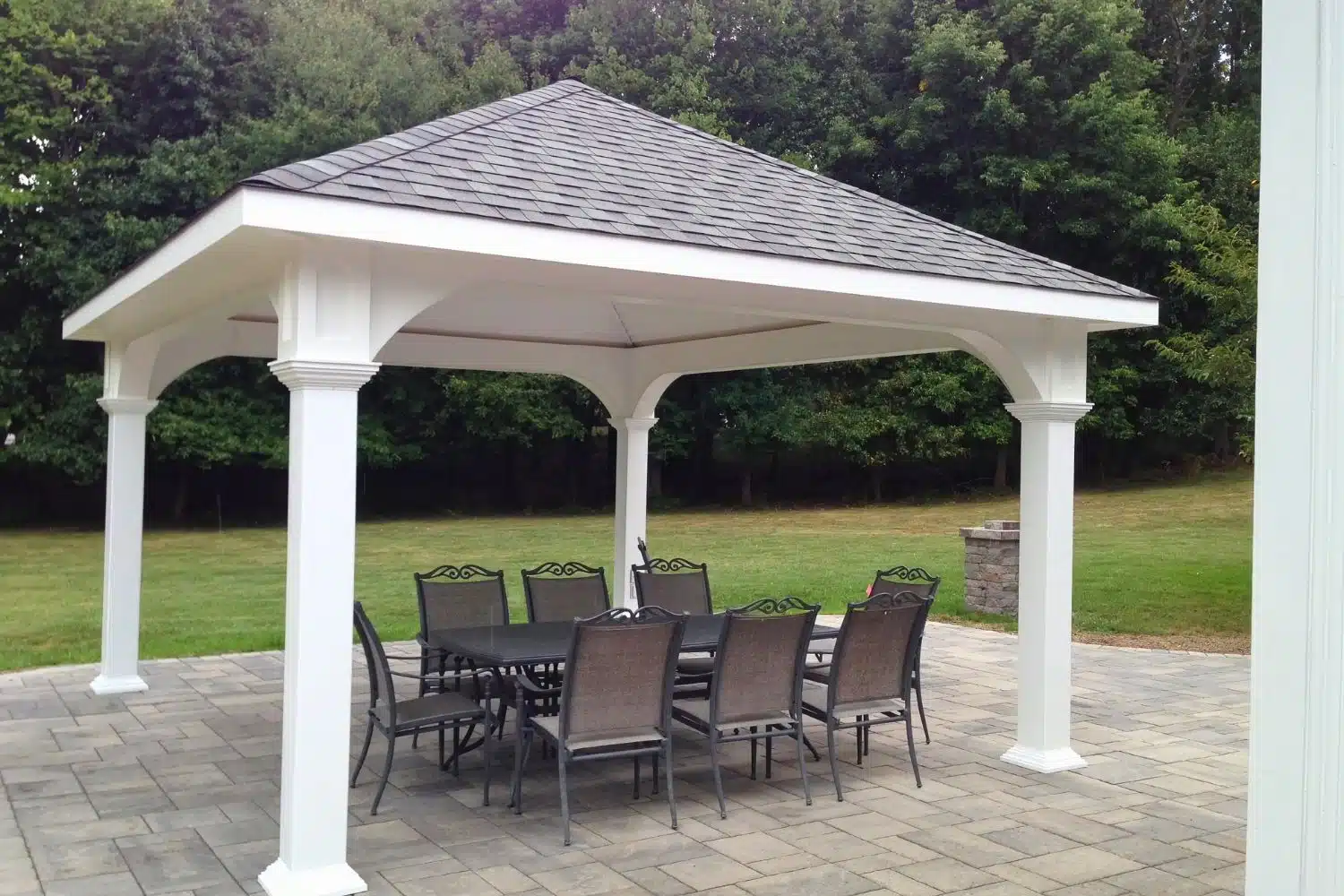 14x16 Montford Vinyl Pavilion 1 White Vinyl Montford Pavilion over outdoor dining area