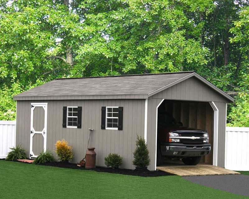 12' x 24' Workshop Garage. Clay paint exterior, white trim, black shutters, and weatherwood shingles.