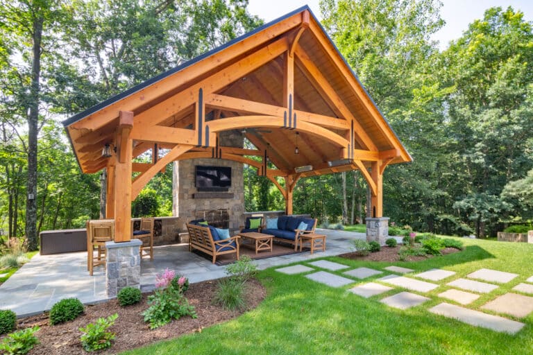 Projects 4 24x16 Timber Frame Pavilion in Connecticut backyard