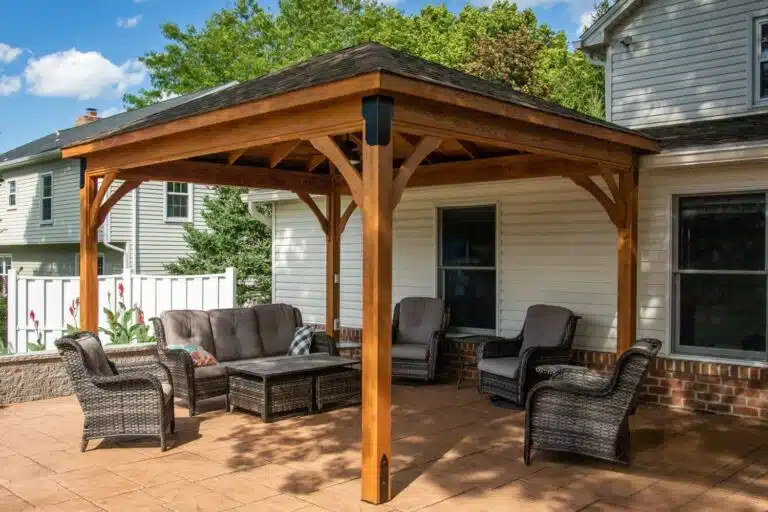 12x14 Wooden lakefront pavilion behind home