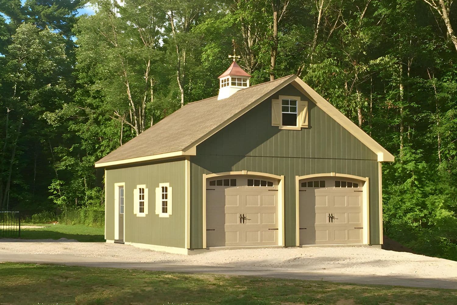 Green siding with beige trim and beige doors