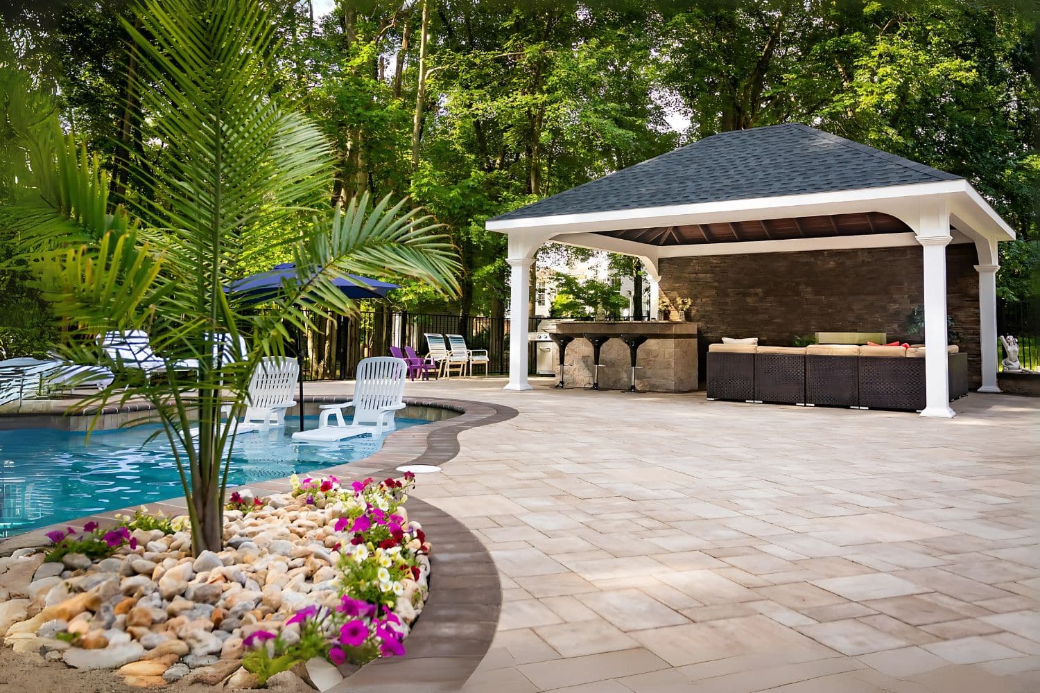 Vinyl Montford Pavilion Besides pool and garden with seating under pavilion